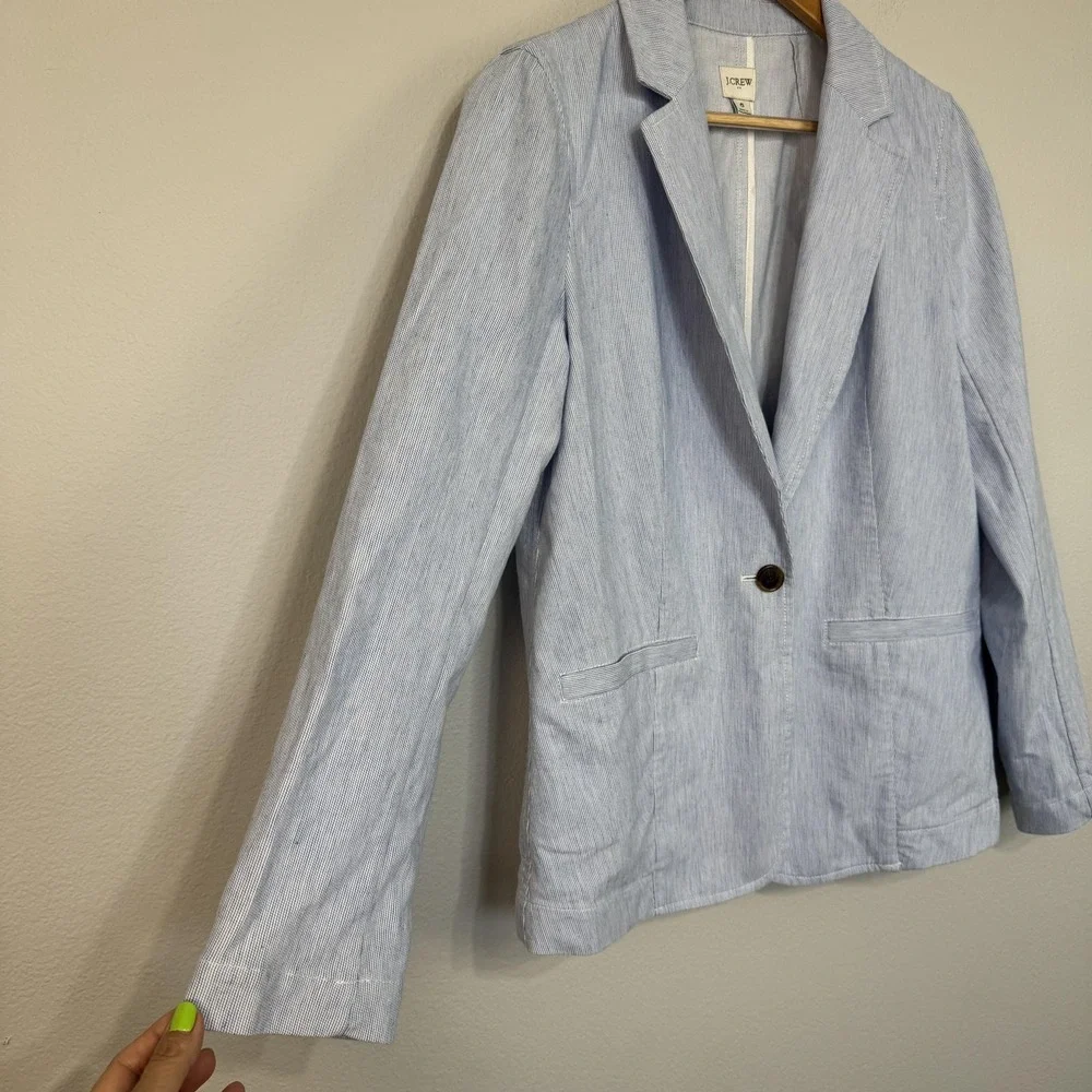 J‎ Crew Blazer Women's 6 Blue Striped Seersucker Linen Blend Lightweight Relaxed - Picture 5 of 15